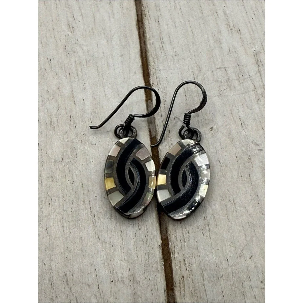 Handmade mother of pearl Black and Silver Inlay Oval Drop Earrings